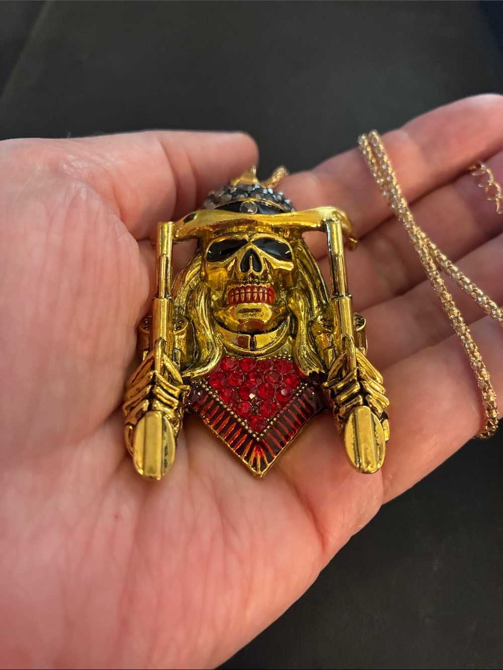 Skull Pendant Necklace with Red Crystal Chest and Black Crystals On His Head - Picture 3 of 8